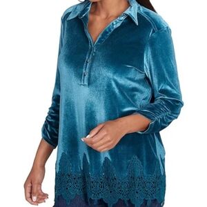 Ruby Rd. Teal Velvet Blouse with Lace Hem